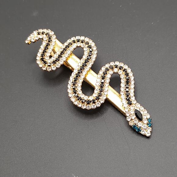 Snake Rhinestone Barrette Slide, Gold Tone, 3 1/4 In - Picture 7 of 9